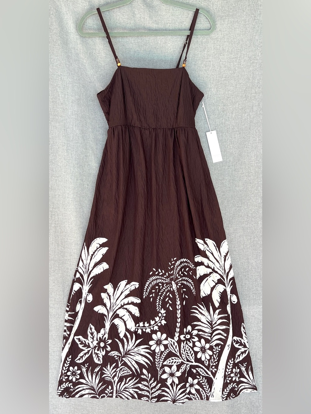 Calypso St. Barts Palm Trees spaghetti straps maxi sundress brown white size L